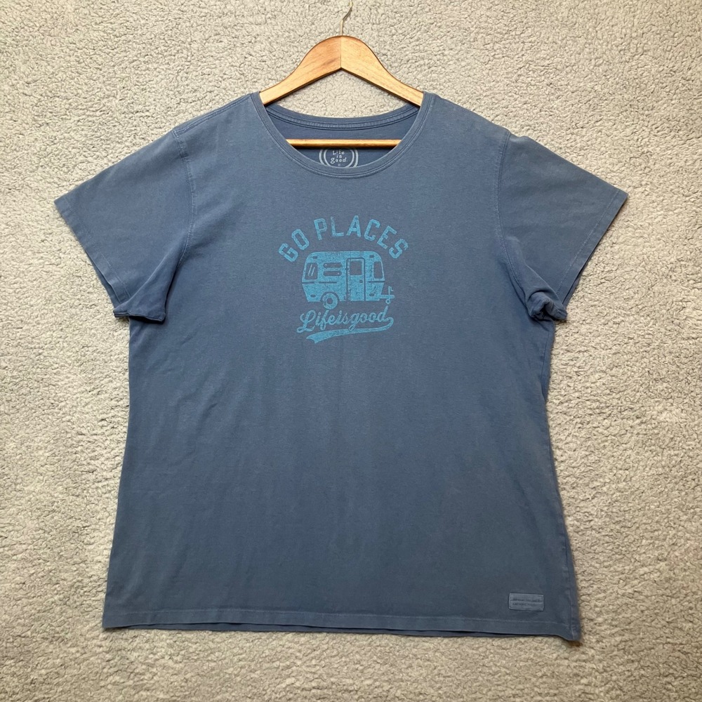 Life is Good Short Sleeve Tee Women XL Dusty Blue Go Places Camper Travel TShirt